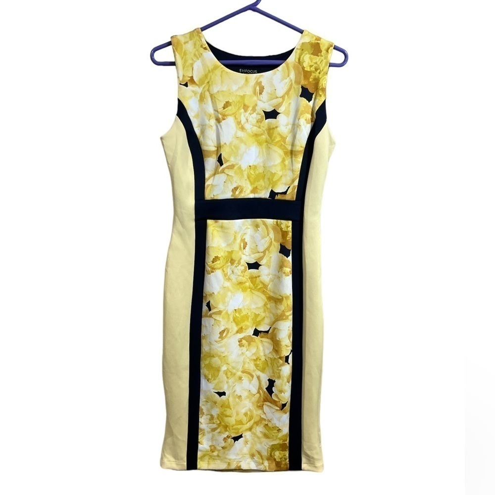 Enfocus Studio Yellow Floral Navy Colorblock Sheath Dress Size 6‎ Coquette Mod